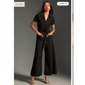 Anthropologie Maeve The Colette Wrap Jumpsuit Black Ponte Size 14 Belt Minimalis